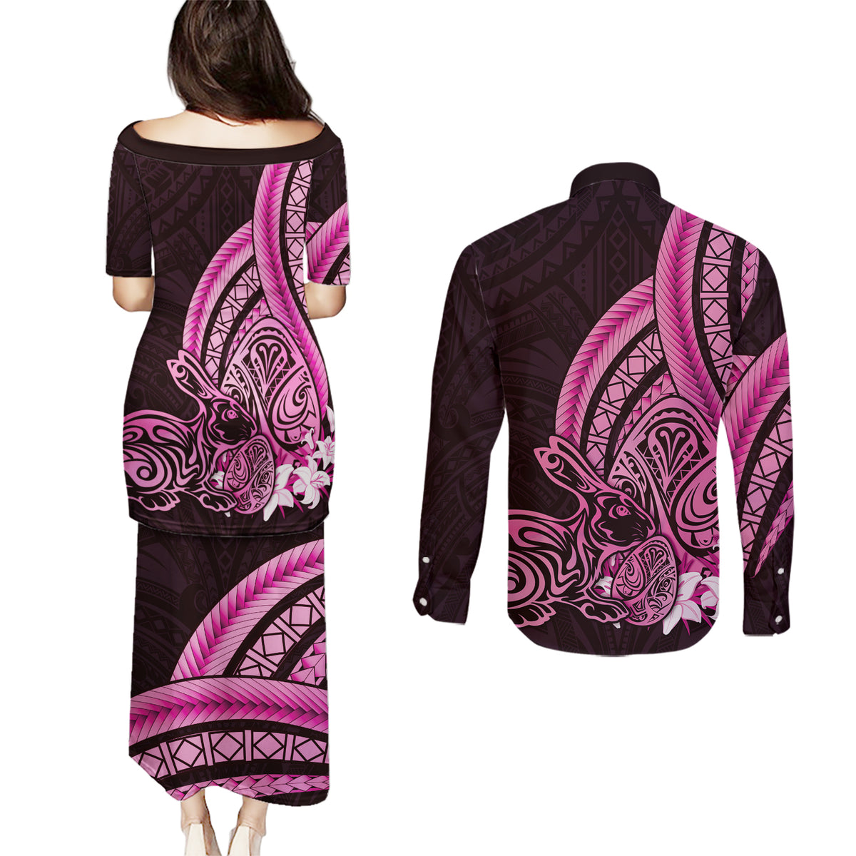 Pink Polynesia Easter Day Couples Matching Puletasi and Long Sleeve Button Shirt Eggs With Bunny Polynesian Pattern LT14 - Polynesian Pride