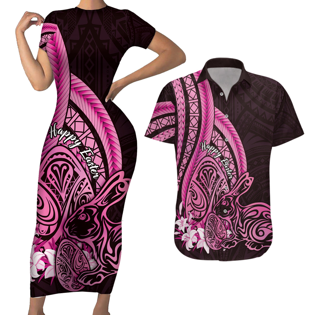 Pink Polynesia Easter Day Couples Matching Short Sleeve Bodycon Dress and Hawaiian Shirt Eggs With Bunny Polynesian Pattern LT14 Pink - Polynesian Pride