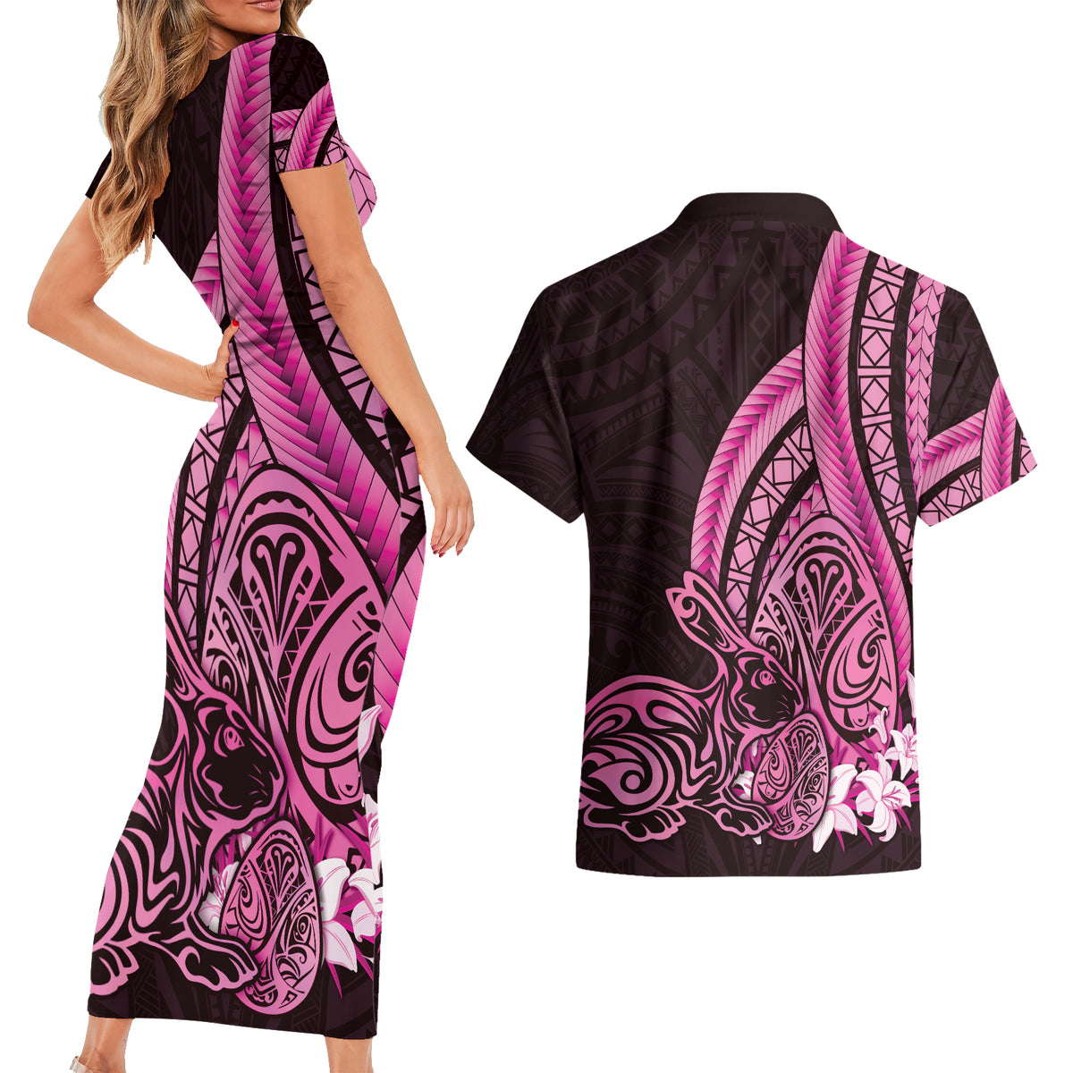 Pink Polynesia Easter Day Couples Matching Short Sleeve Bodycon Dress and Hawaiian Shirt Eggs With Bunny Polynesian Pattern LT14 - Polynesian Pride