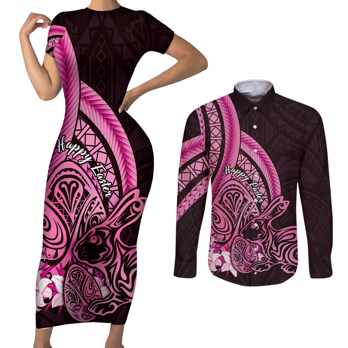 Pink Polynesia Easter Day Couples Matching Short Sleeve Bodycon Dress and Long Sleeve Button Shirt Eggs With Bunny Polynesian Pattern LT14 Pink - Polynesian Pride
