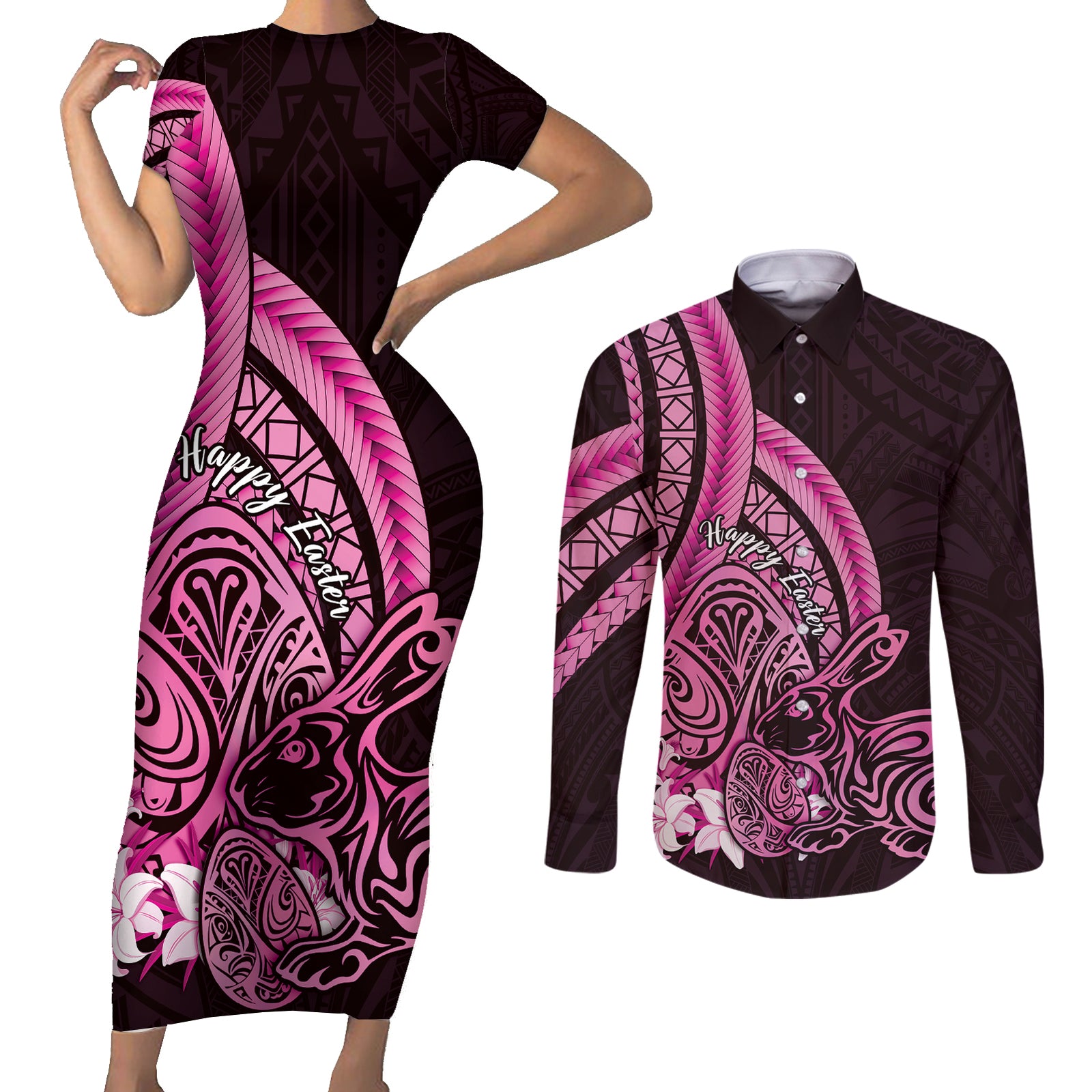 Pink Polynesia Easter Day Couples Matching Short Sleeve Bodycon Dress and Long Sleeve Button Shirt Eggs With Bunny Polynesian Pattern LT14 Pink - Polynesian Pride