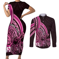 Pink Polynesia Easter Day Couples Matching Short Sleeve Bodycon Dress and Long Sleeve Button Shirt Eggs With Bunny Polynesian Pattern LT14 Pink - Polynesian Pride