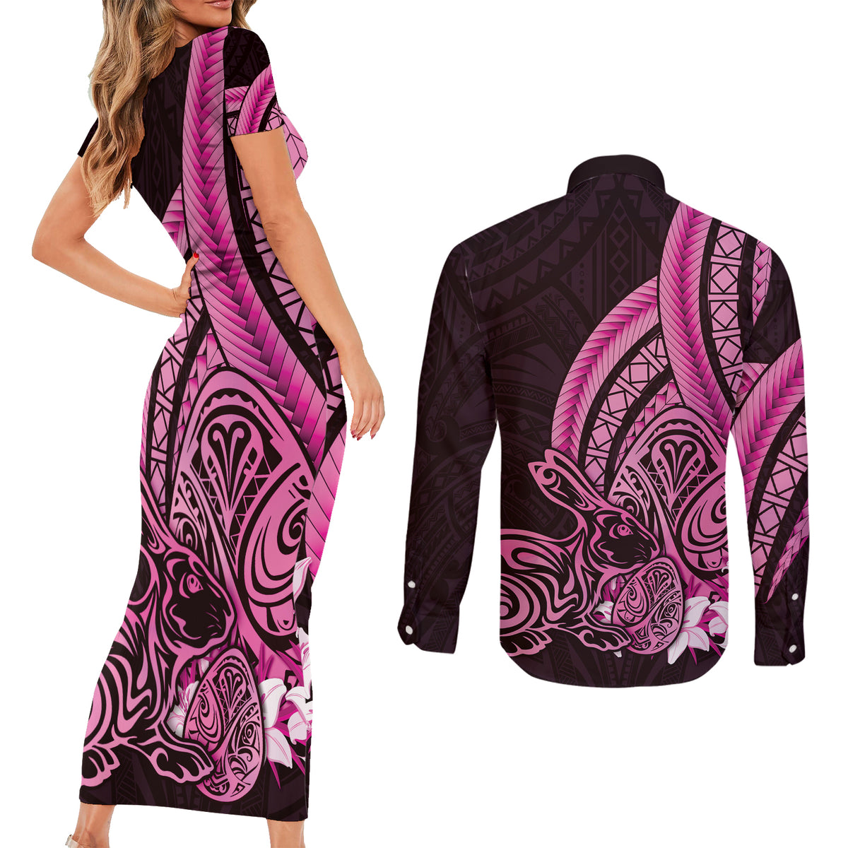 Pink Polynesia Easter Day Couples Matching Short Sleeve Bodycon Dress and Long Sleeve Button Shirt Eggs With Bunny Polynesian Pattern LT14 - Polynesian Pride