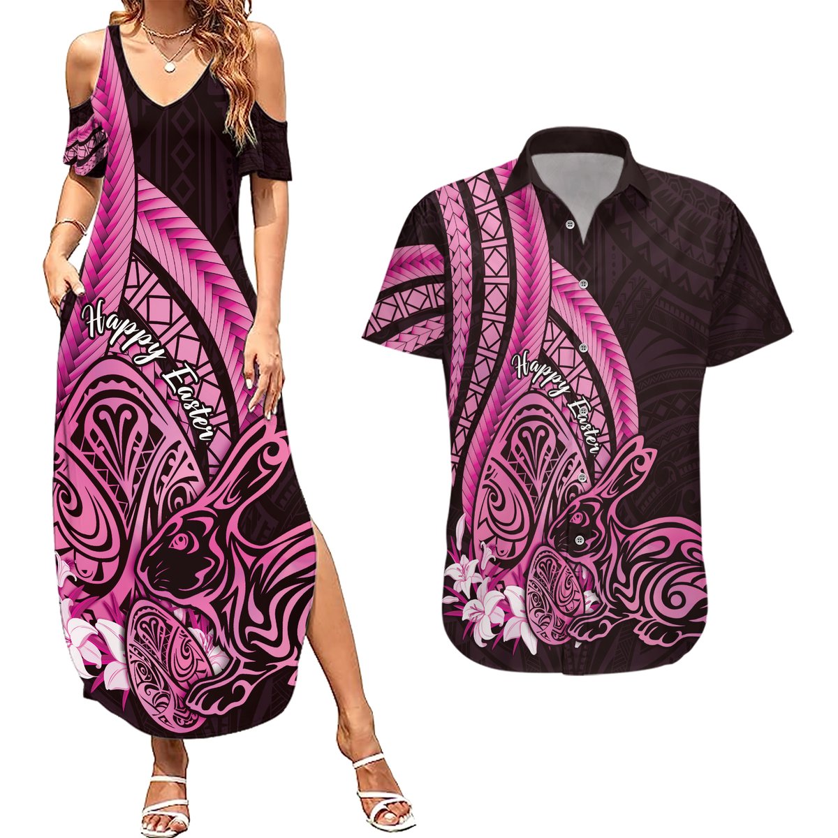 Pink Polynesia Easter Day Couples Matching Summer Maxi Dress and Hawaiian Shirt Eggs With Bunny Polynesian Pattern