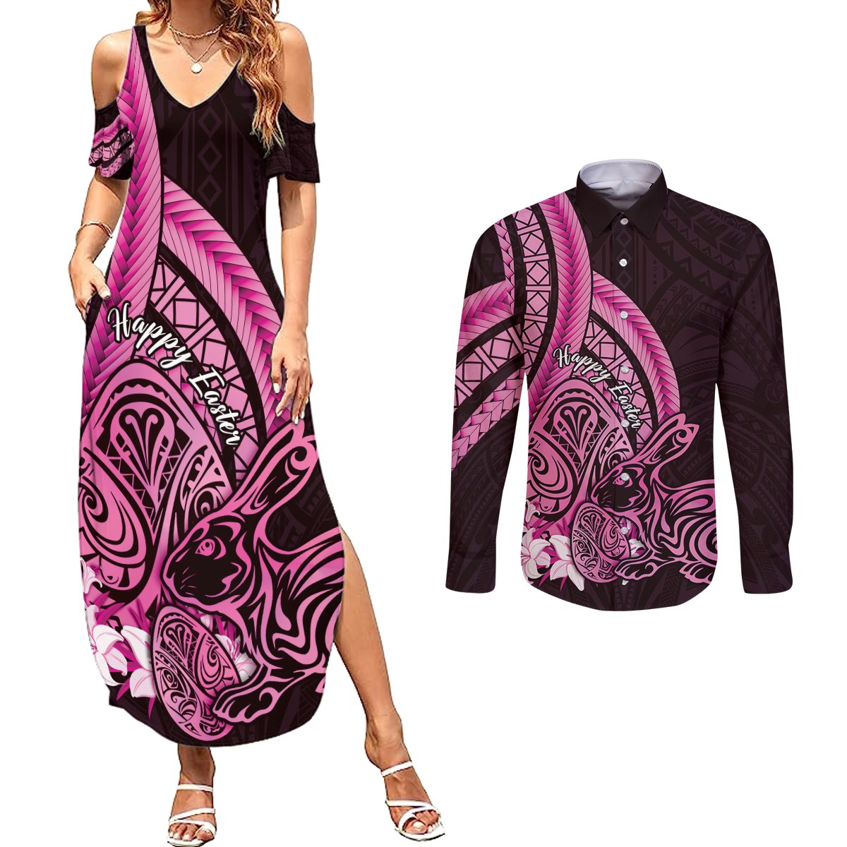 Pink Polynesia Easter Day Couples Matching Summer Maxi Dress and Long Sleeve Button Shirt Eggs With Bunny Polynesian Pattern LT14 Pink - Polynesian Pride