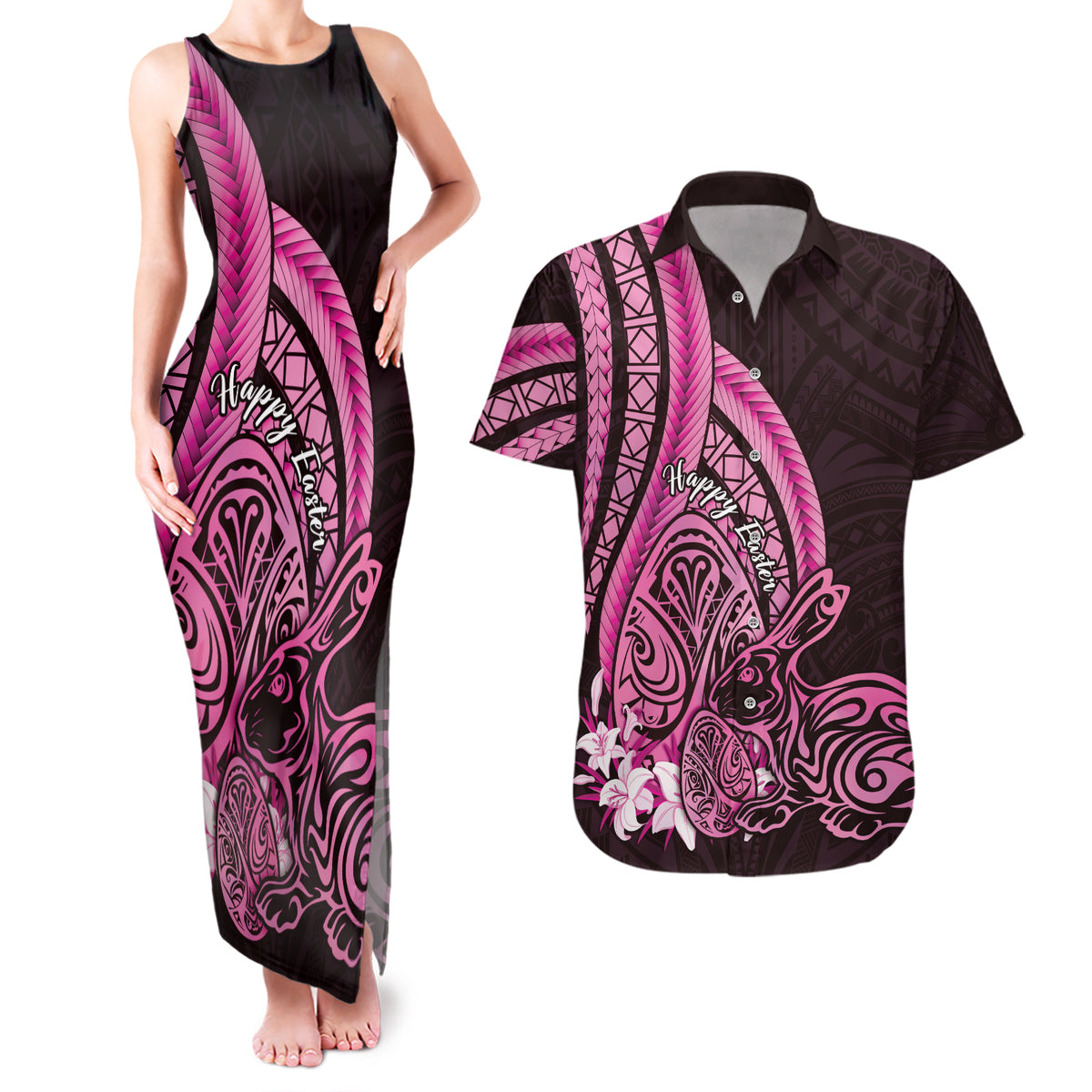 Pink Polynesia Easter Day Couples Matching Tank Maxi Dress and Hawaiian Shirt Eggs With Bunny Polynesian Pattern LT14 Pink - Polynesian Pride