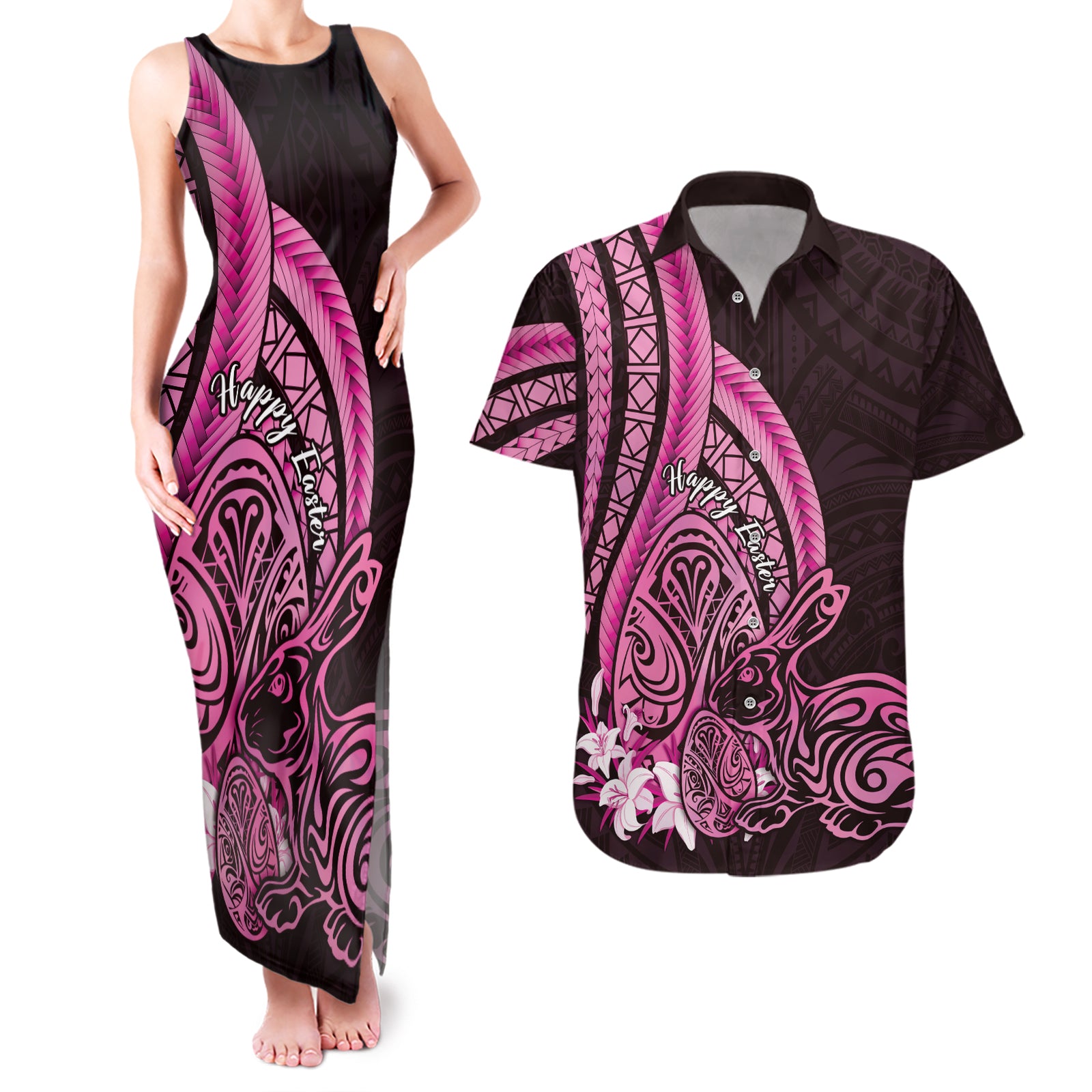 Pink Polynesia Easter Day Couples Matching Tank Maxi Dress and Hawaiian Shirt Eggs With Bunny Polynesian Pattern LT14 Pink - Polynesian Pride