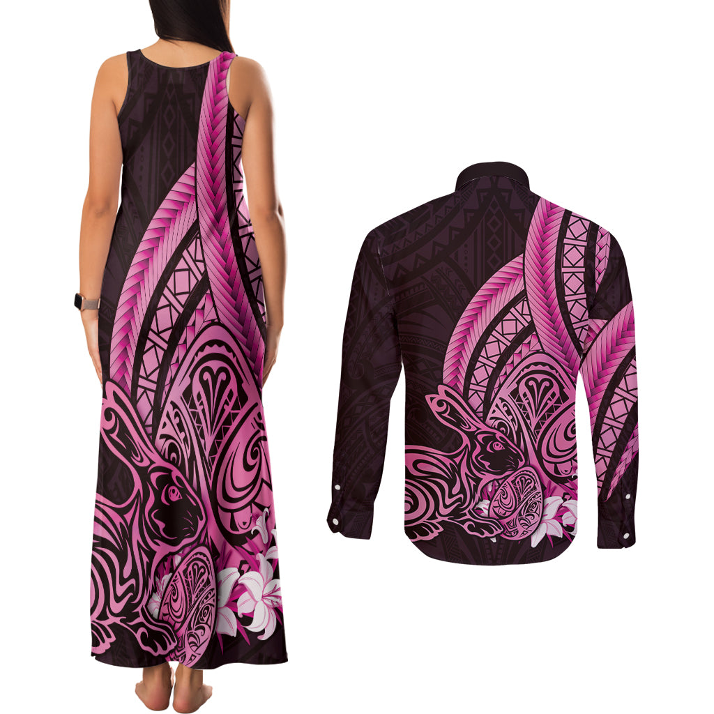 Pink Polynesia Easter Day Couples Matching Tank Maxi Dress and Long Sleeve Button Shirt Eggs With Bunny Polynesian Pattern LT14 - Polynesian Pride