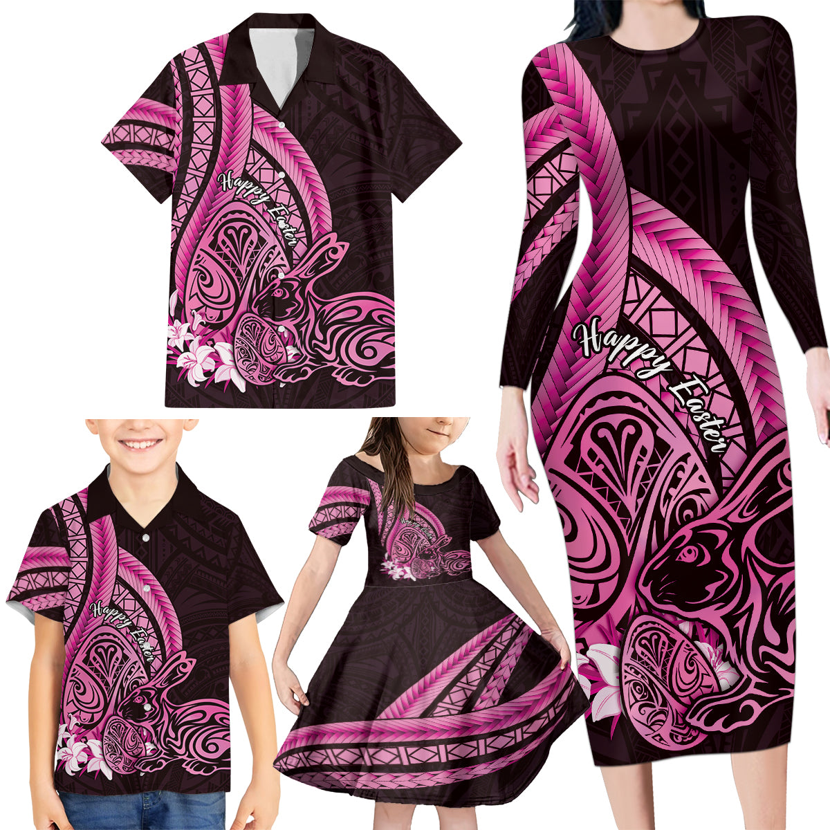 Pink Polynesia Easter Day Family Matching Long Sleeve Bodycon Dress and Hawaiian Shirt Eggs With Bunny Polynesian Pattern LT14 - Polynesian Pride