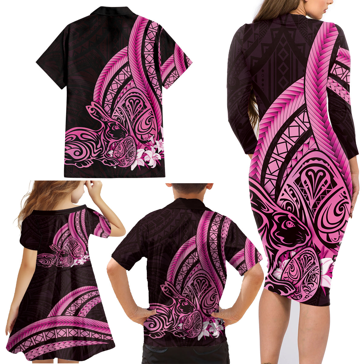 Pink Polynesia Easter Day Family Matching Long Sleeve Bodycon Dress and Hawaiian Shirt Eggs With Bunny Polynesian Pattern LT14 - Polynesian Pride