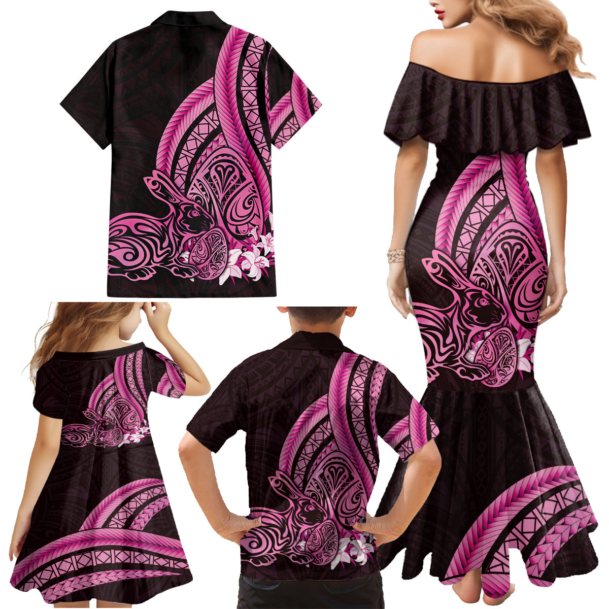 Pink Polynesia Easter Day Family Matching Mermaid Dress and Hawaiian Shirt Eggs With Bunny Polynesian Pattern LT14 - Polynesian Pride