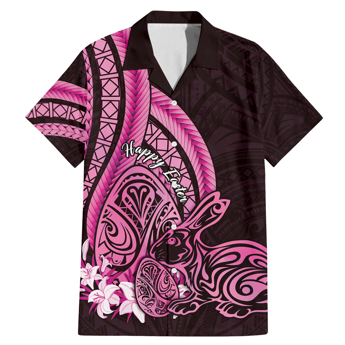Pink Polynesia Easter Day Family Matching Mermaid Dress and Hawaiian Shirt Eggs With Bunny Polynesian Pattern LT14 Dad's Shirt - Short Sleeve Pink - Polynesian Pride
