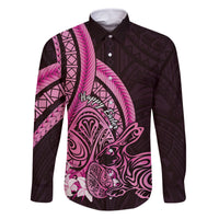 Pink Polynesia Easter Day Family Matching Mermaid Dress and Hawaiian Shirt Eggs With Bunny Polynesian Pattern LT14 Dad's Shirt - Long Sleeve Pink - Polynesian Pride
