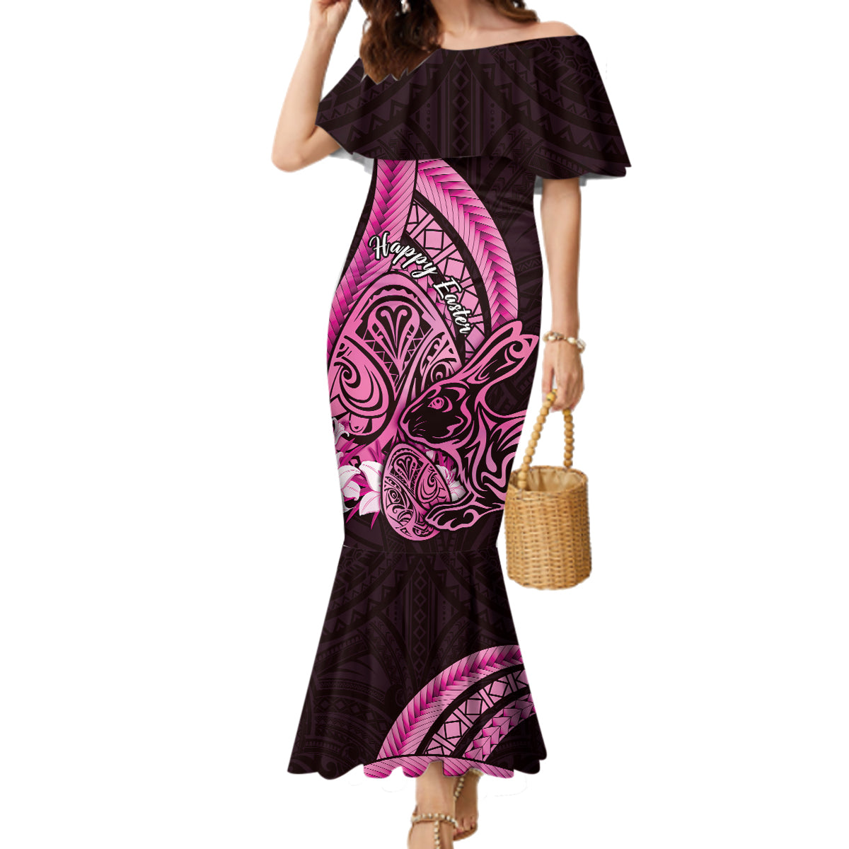 Pink Polynesia Easter Day Family Matching Mermaid Dress and Hawaiian Shirt Eggs With Bunny Polynesian Pattern LT14 Mom's Dress Pink - Polynesian Pride