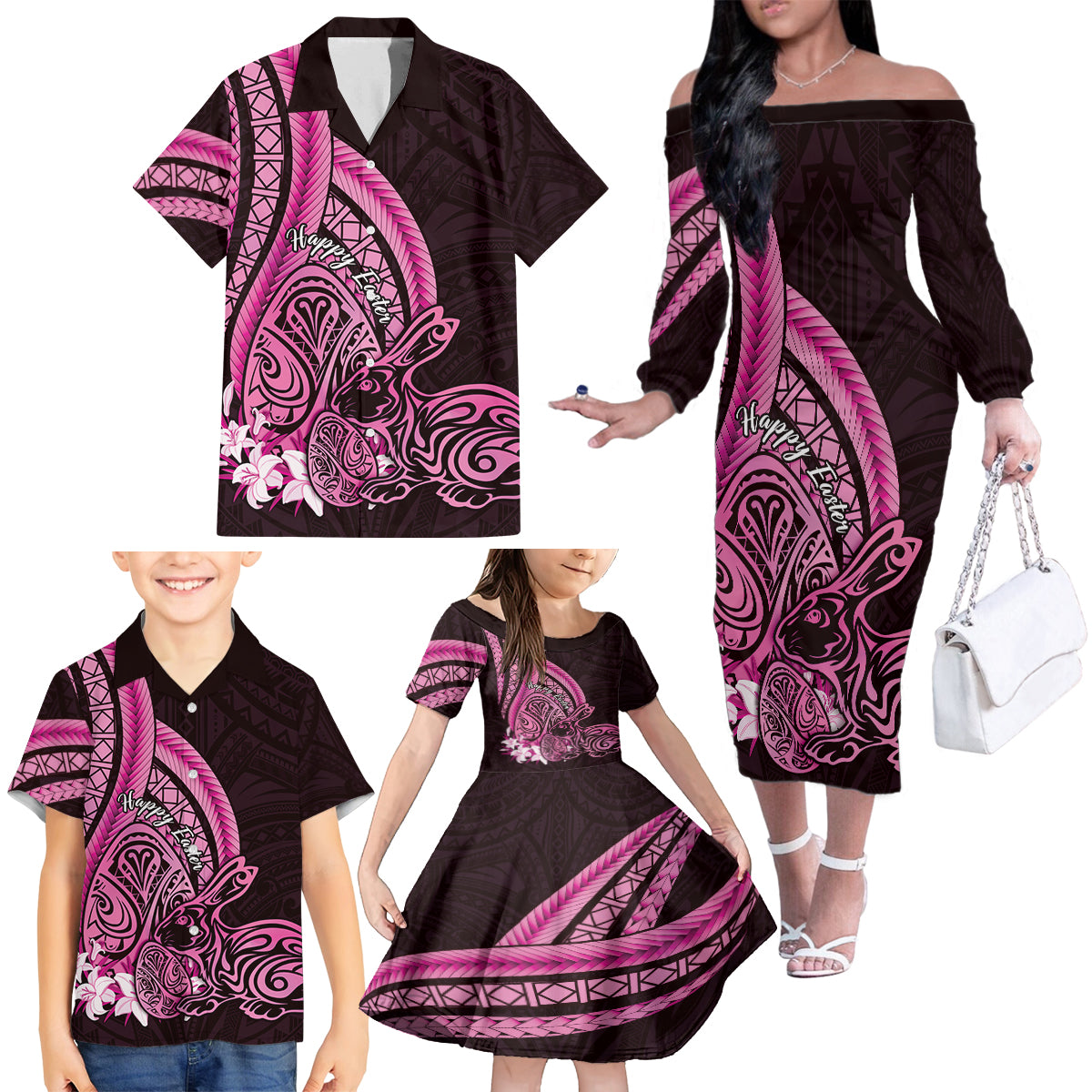 Pink Polynesia Easter Day Family Matching Off The Shoulder Long Sleeve Dress and Hawaiian Shirt Eggs With Bunny Polynesian Pattern LT14 - Polynesian Pride