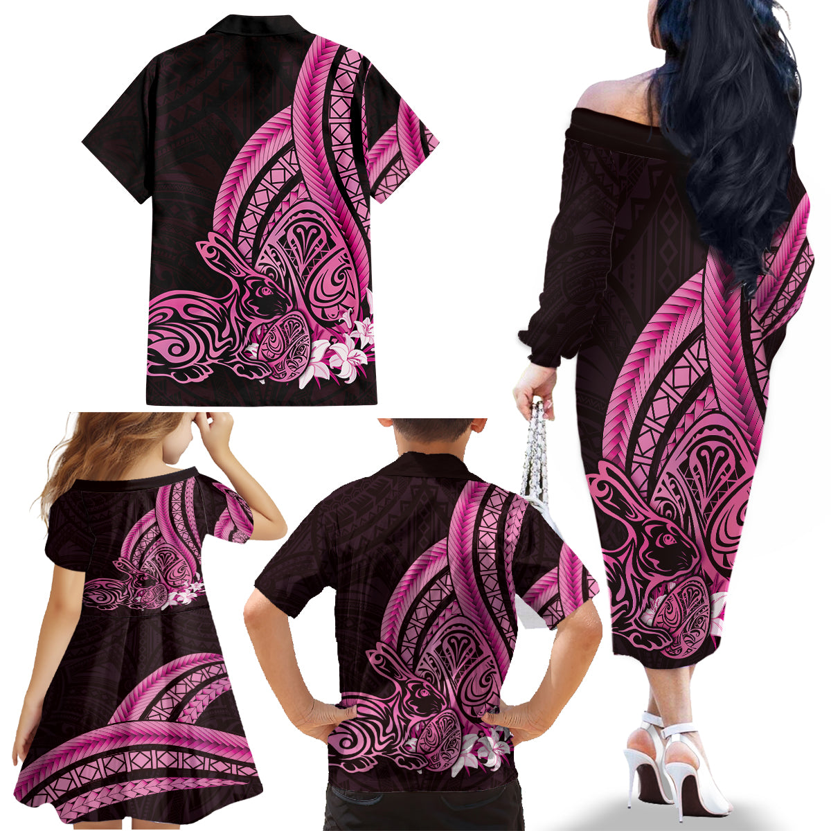 Pink Polynesia Easter Day Family Matching Off The Shoulder Long Sleeve Dress and Hawaiian Shirt Eggs With Bunny Polynesian Pattern LT14 - Polynesian Pride