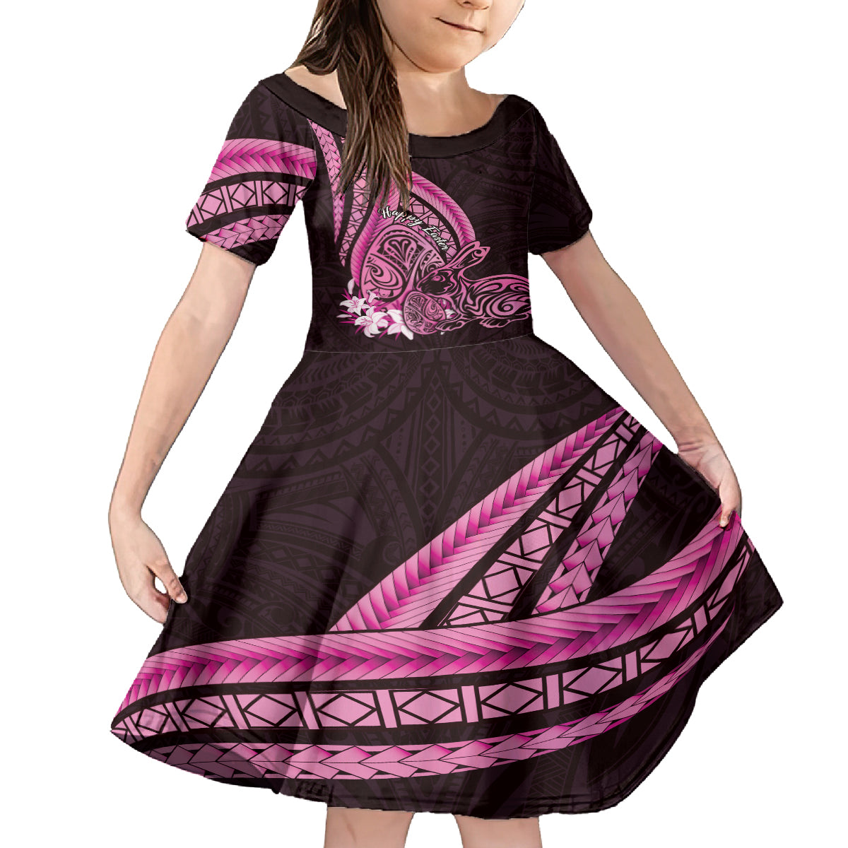 Pink Polynesia Easter Day Family Matching Off Shoulder Maxi Dress and Hawaiian Shirt Eggs With Bunny Polynesian Pattern LT14 Daughter's Dress Pink - Polynesian Pride