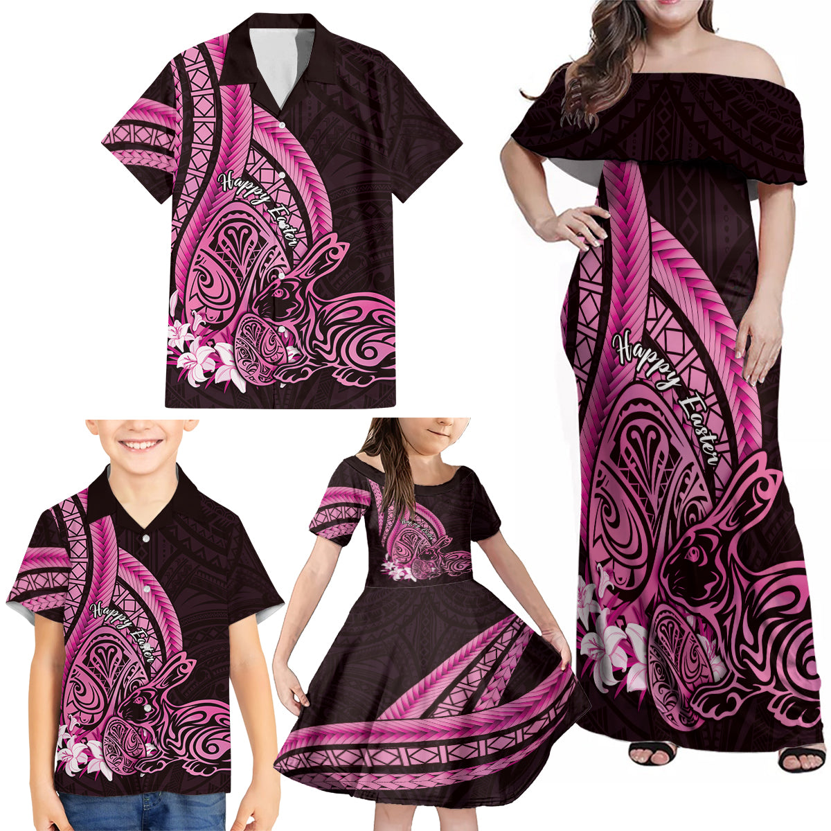 Pink Polynesia Easter Day Family Matching Off Shoulder Maxi Dress and Hawaiian Shirt Eggs With Bunny Polynesian Pattern