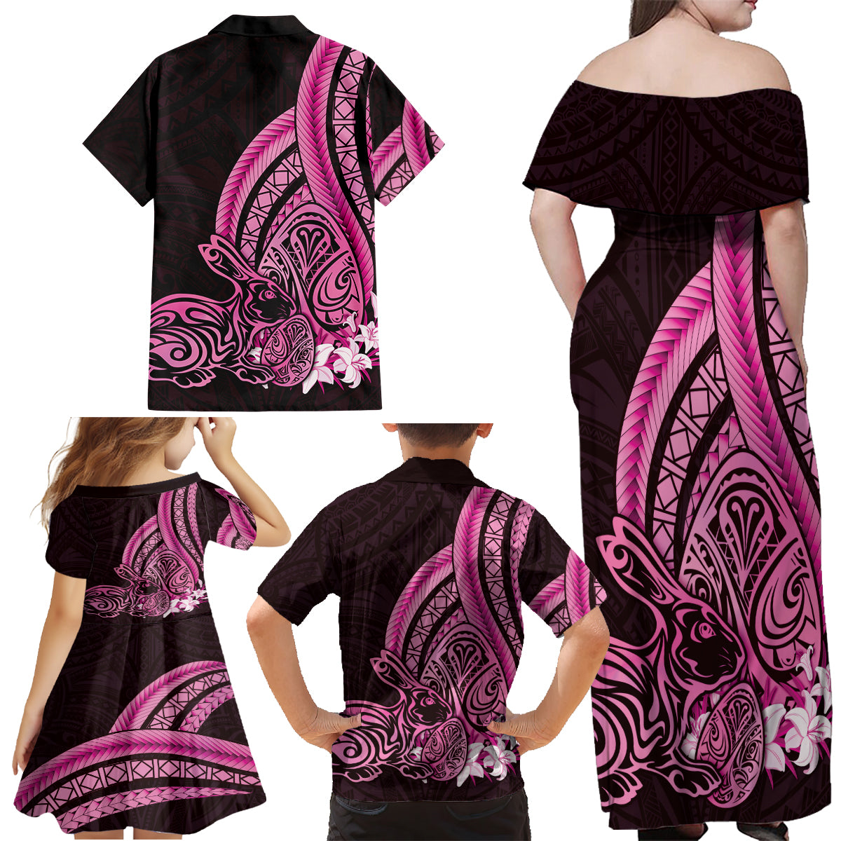 Pink Polynesia Easter Day Family Matching Off Shoulder Maxi Dress and Hawaiian Shirt Eggs With Bunny Polynesian Pattern LT14 - Polynesian Pride