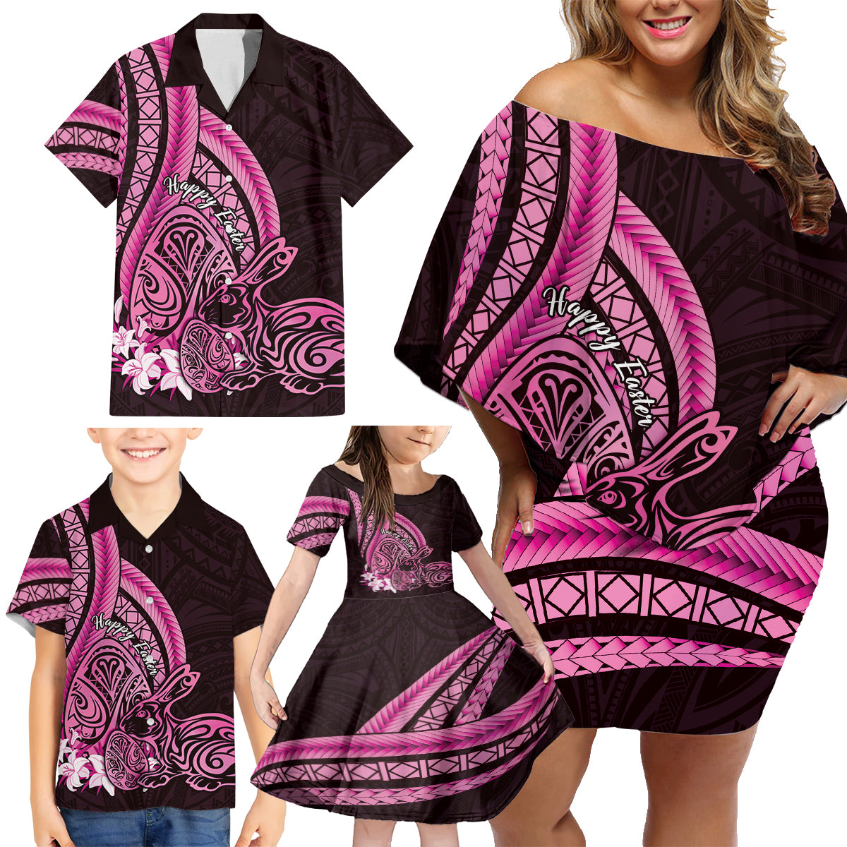 Pink Polynesia Easter Day Family Matching Off Shoulder Short Dress and Hawaiian Shirt Eggs With Bunny Polynesian Pattern LT14 - Polynesian Pride
