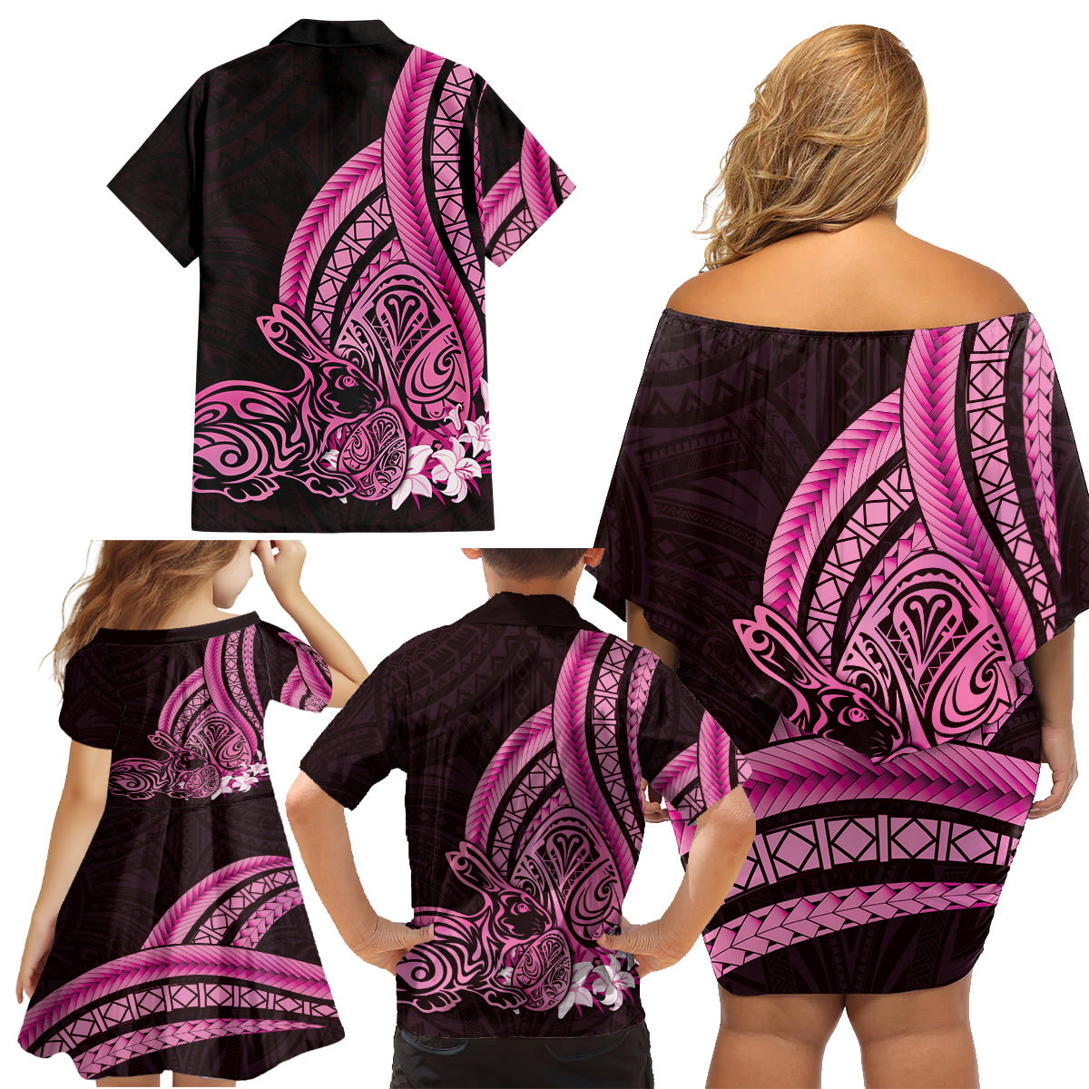 Pink Polynesia Easter Day Family Matching Off Shoulder Short Dress and Hawaiian Shirt Eggs With Bunny Polynesian Pattern LT14 - Polynesian Pride