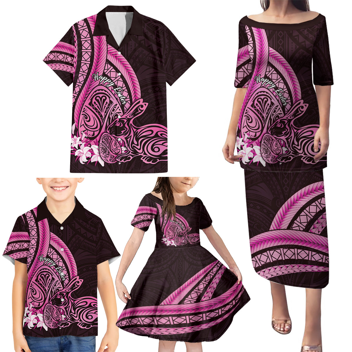 Pink Polynesia Easter Day Family Matching Puletasi and Hawaiian Shirt Eggs With Bunny Polynesian Pattern LT14 - Polynesian Pride