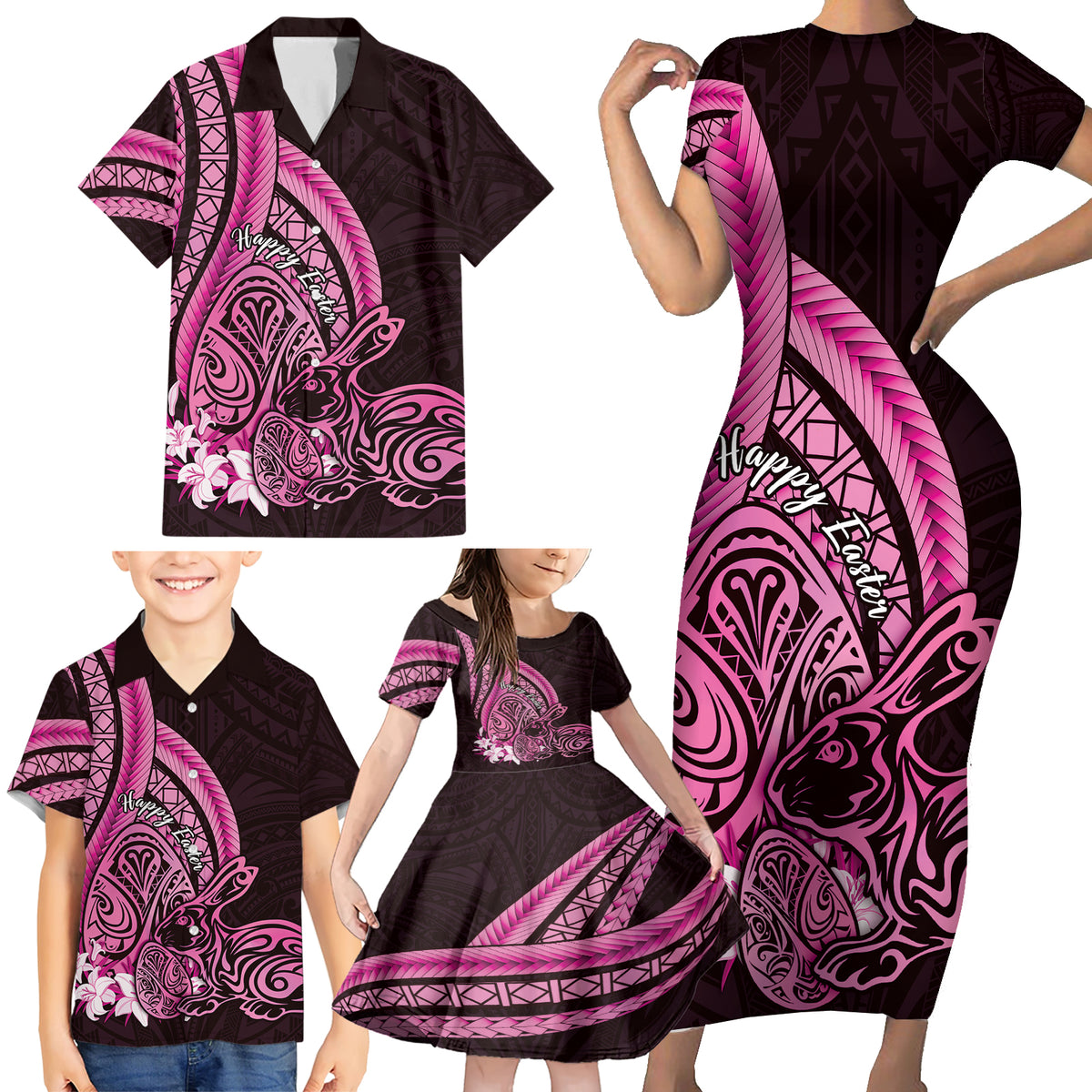 Pink Polynesia Easter Day Family Matching Short Sleeve Bodycon Dress and Hawaiian Shirt Eggs With Bunny Polynesian Pattern LT14 - Polynesian Pride
