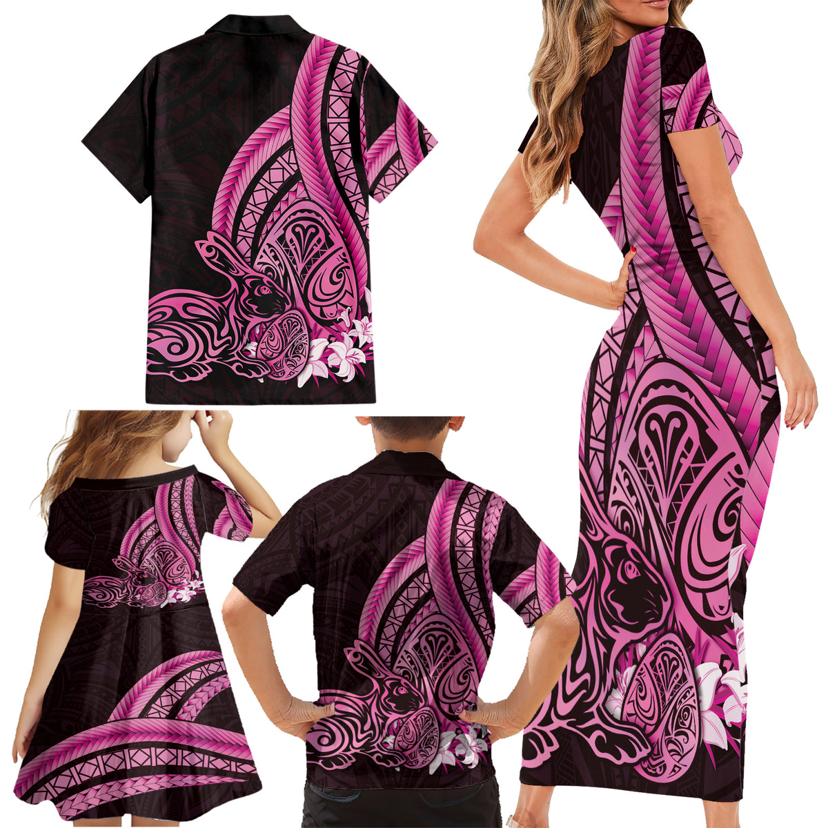Pink Polynesia Easter Day Family Matching Short Sleeve Bodycon Dress and Hawaiian Shirt Eggs With Bunny Polynesian Pattern LT14 - Polynesian Pride