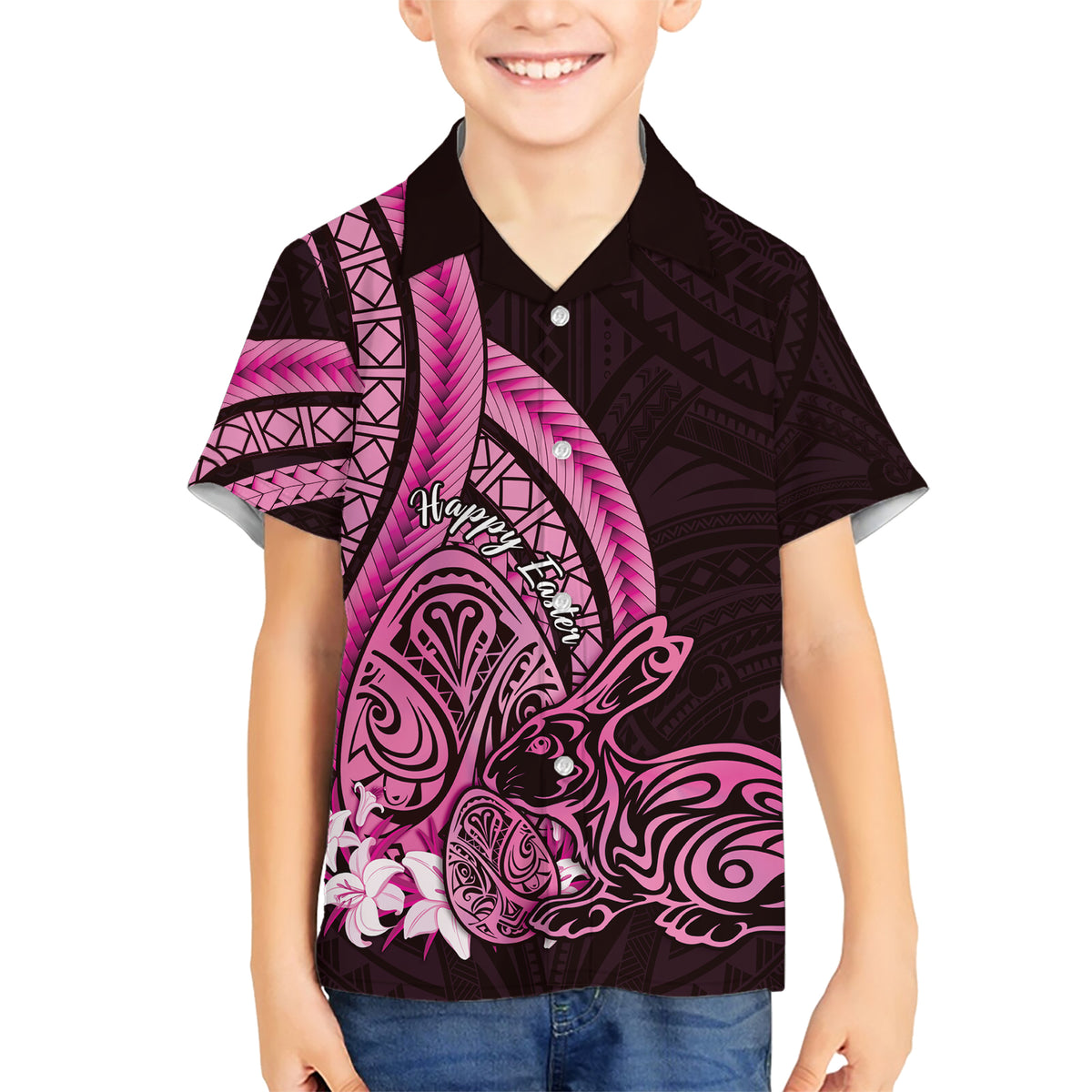 Pink Polynesia Easter Day Family Matching Short Sleeve Bodycon Dress and Hawaiian Shirt Eggs With Bunny Polynesian Pattern LT14 Son's Shirt Pink - Polynesian Pride