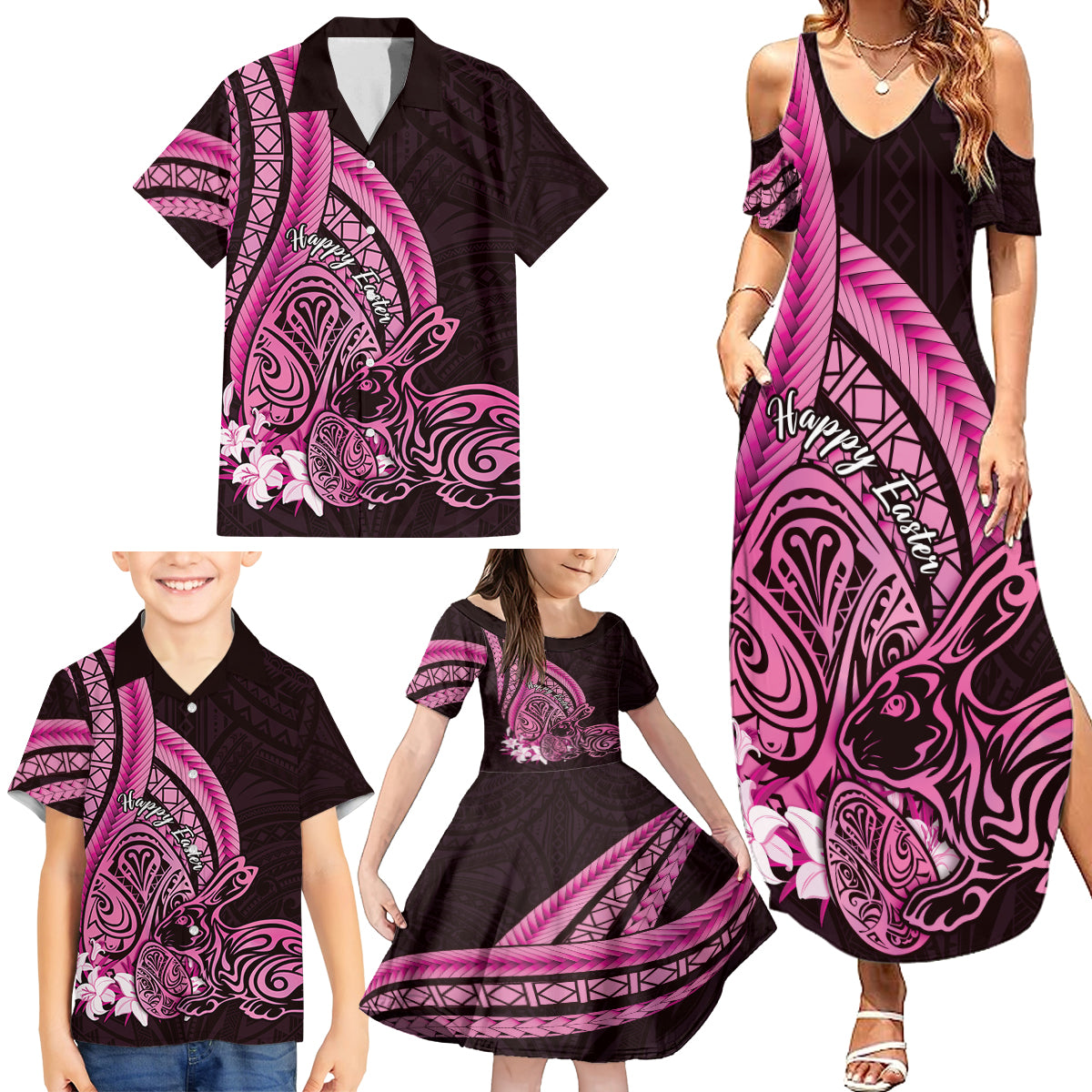 Pink Polynesia Easter Day Family Matching Summer Maxi Dress and Hawaiian Shirt Eggs With Bunny Polynesian Pattern