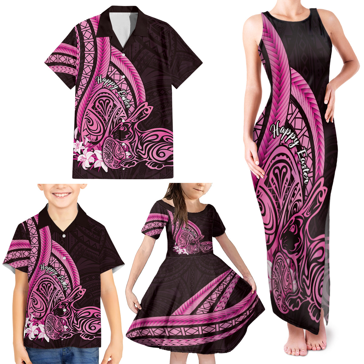 Pink Polynesia Easter Day Family Matching Tank Maxi Dress and Hawaiian Shirt Eggs With Bunny Polynesian Pattern LT14 - Polynesian Pride