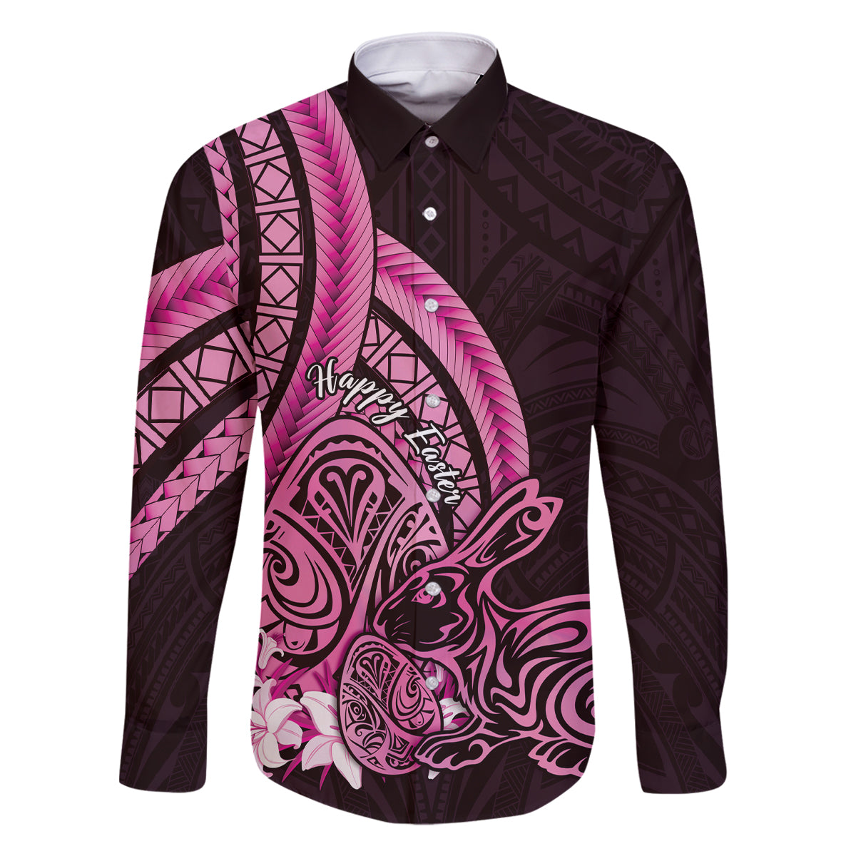 Pink Polynesia Easter Day Family Matching Tank Maxi Dress and Hawaiian Shirt Eggs With Bunny Polynesian Pattern LT14 Dad's Shirt - Long Sleeve Pink - Polynesian Pride