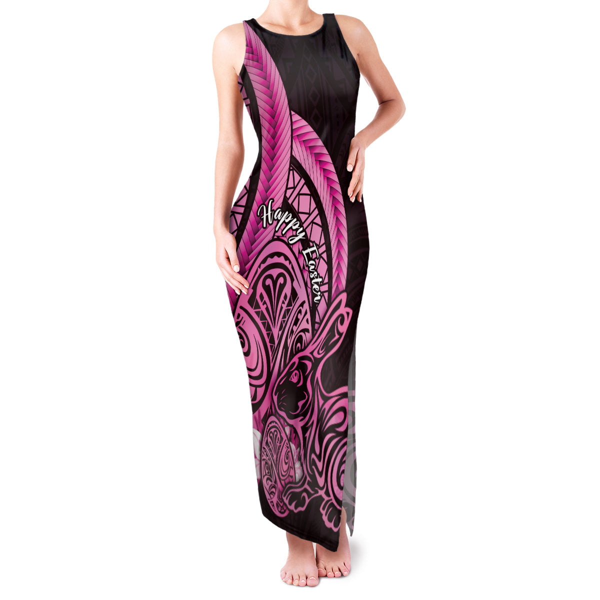 Pink Polynesia Easter Day Family Matching Tank Maxi Dress and Hawaiian Shirt Eggs With Bunny Polynesian Pattern LT14 Mom's Dress Pink - Polynesian Pride