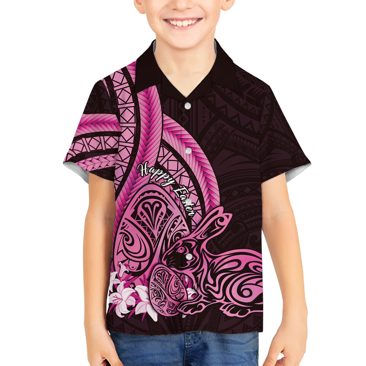 Pink Polynesia Easter Day Family Matching Tank Maxi Dress and Hawaiian Shirt Eggs With Bunny Polynesian Pattern LT14 Son's Shirt Pink - Polynesian Pride