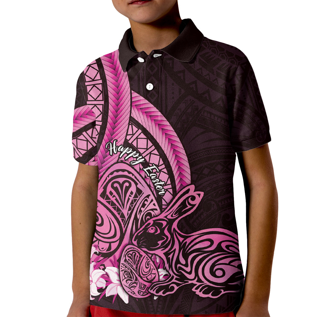 Pink Polynesia Easter Day Kid Polo Shirt Eggs With Bunny Polynesian Pattern