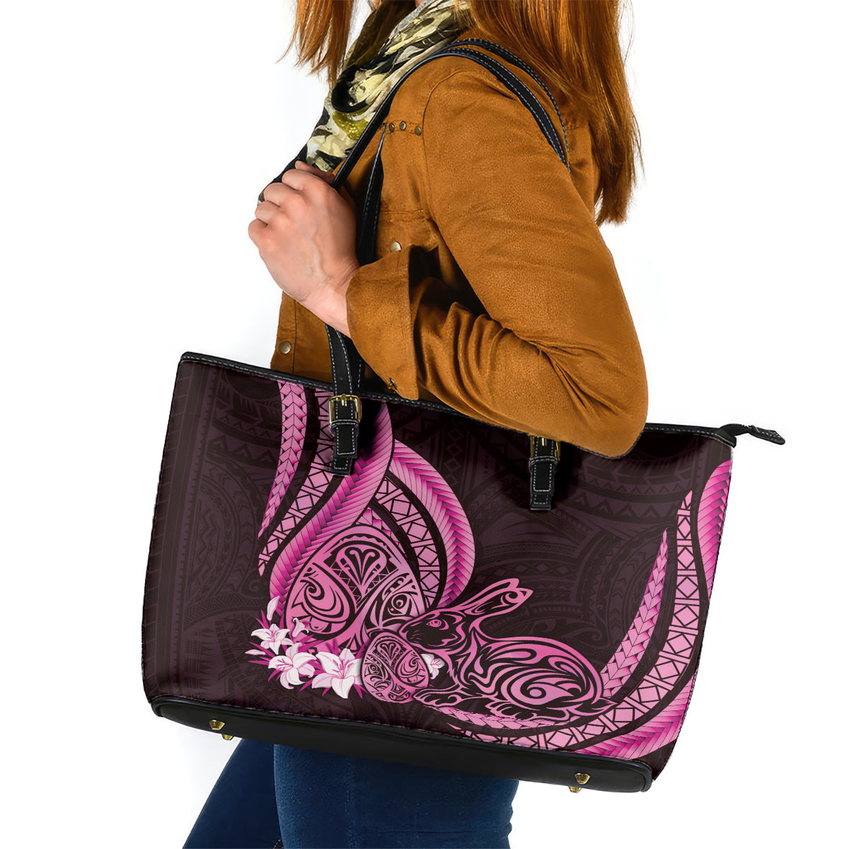 Pink Polynesia Easter Day Leather Tote Bag Eggs With Bunny Polynesian Pattern LT14 Pink - Polynesian Pride