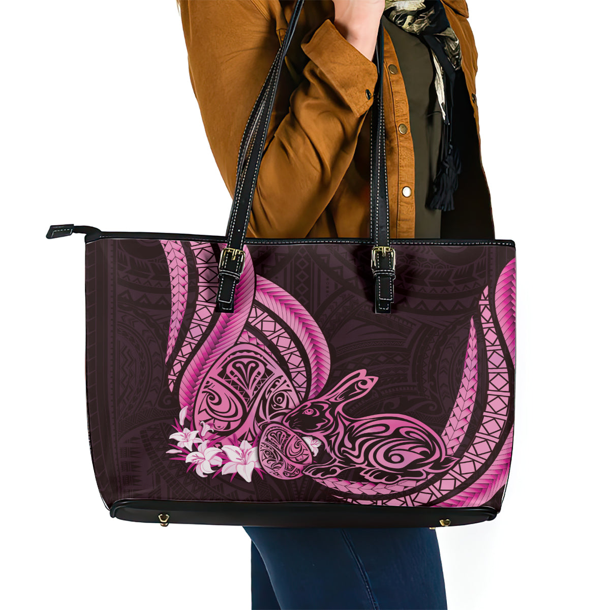 Pink Polynesia Easter Day Leather Tote Bag Eggs With Bunny Polynesian Pattern LT14 - Polynesian Pride