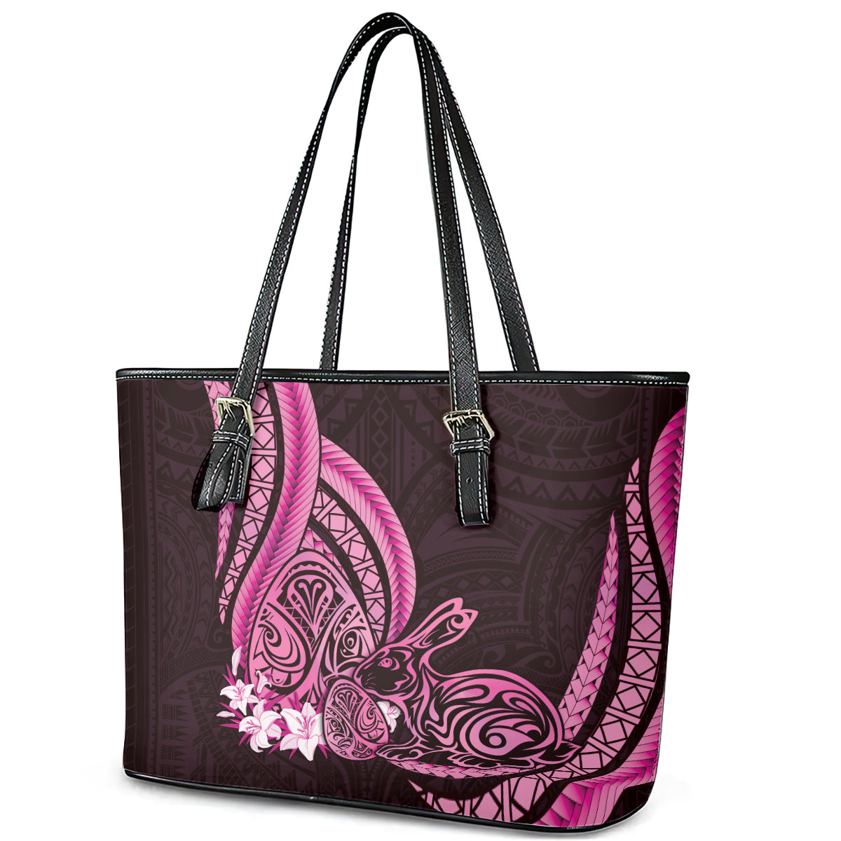Pink Polynesia Easter Day Leather Tote Bag Eggs With Bunny Polynesian Pattern LT14 - Polynesian Pride