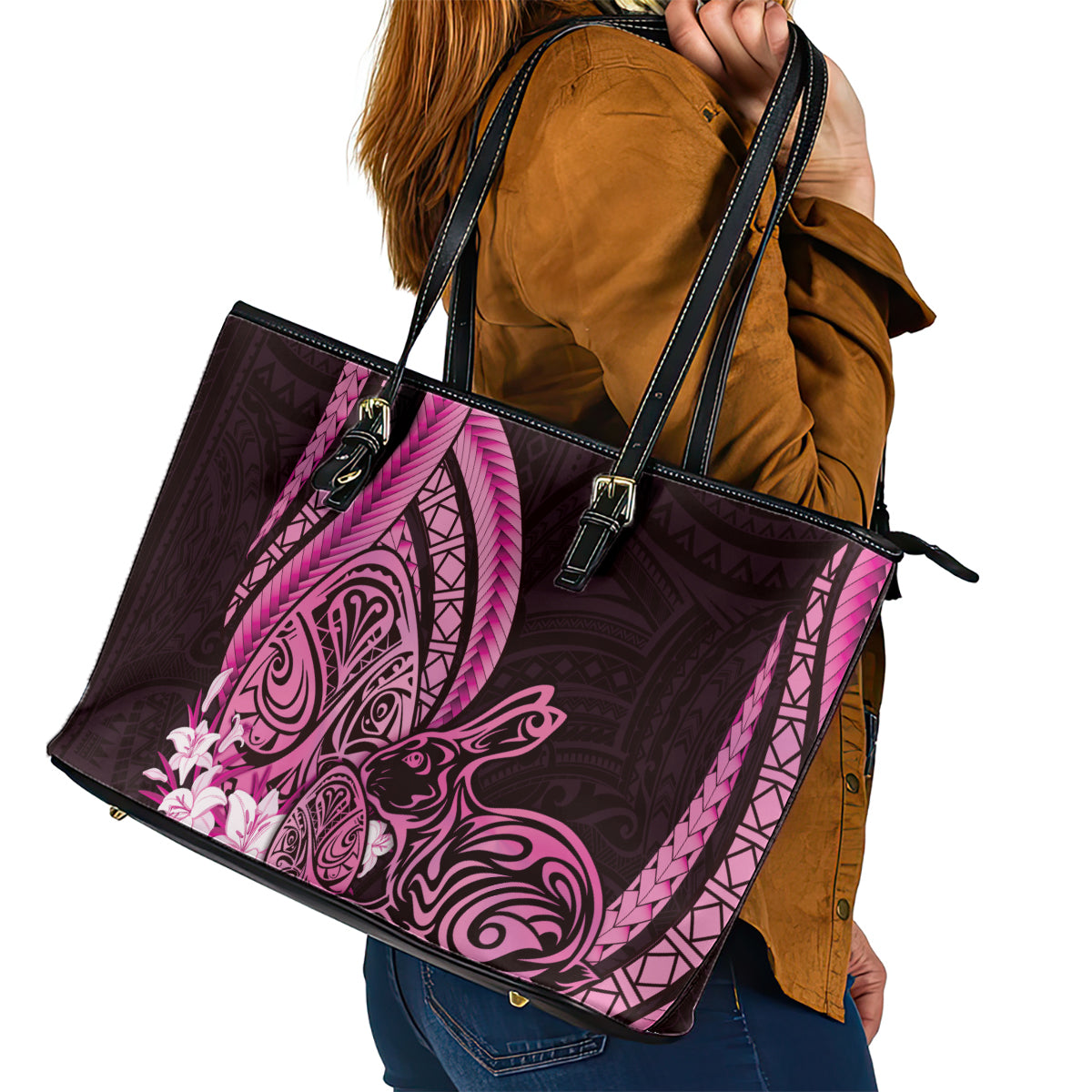 Pink Polynesia Easter Day Leather Tote Bag Eggs With Bunny Polynesian Pattern LT14 - Polynesian Pride