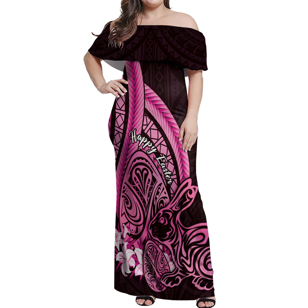 Pink Polynesia Easter Day Off Shoulder Maxi Dress Eggs With Bunny Polynesian Pattern LT14 Women Pink - Polynesian Pride