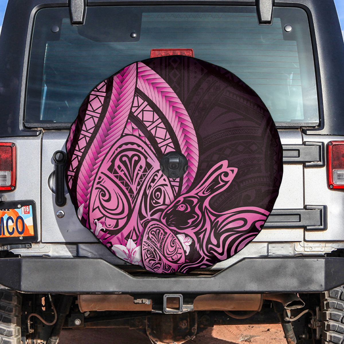 Pink Polynesia Easter Day Spare Tire Cover Eggs With Bunny Polynesian Pattern