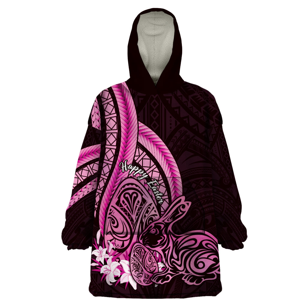 Pink Polynesia Easter Day Wearable Blanket Hoodie Eggs With Bunny Polynesian Pattern