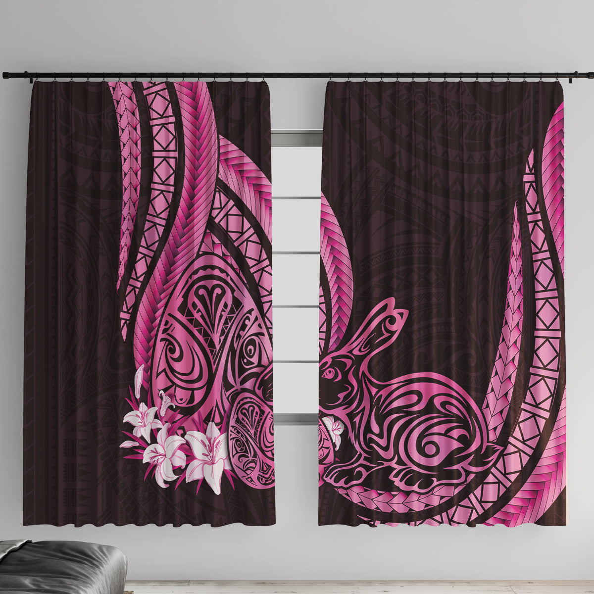 Pink Polynesia Easter Day Window Curtain Eggs With Bunny Polynesian Pattern