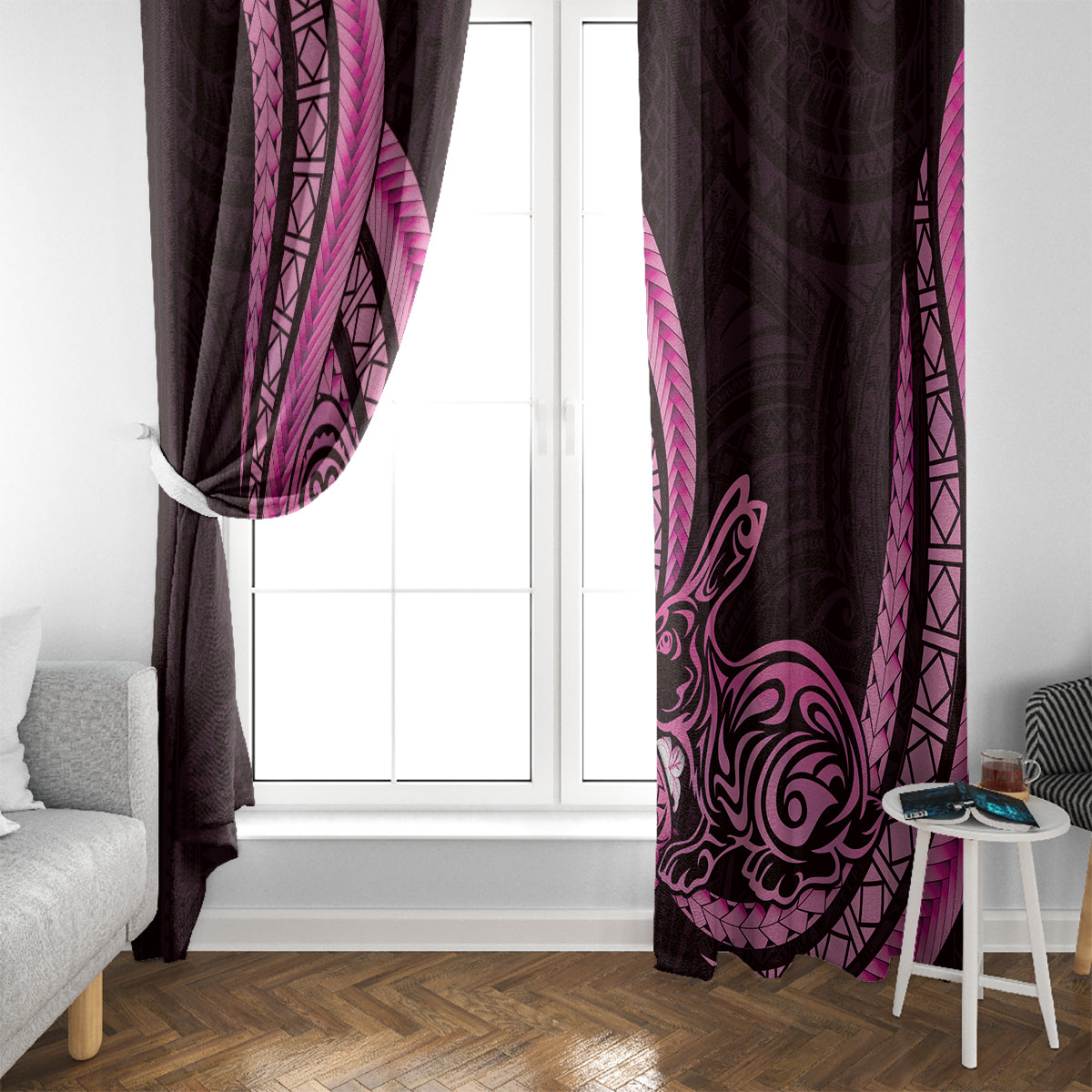 Pink Polynesia Easter Day Window Curtain Eggs With Bunny Polynesian Pattern LT14 - Polynesian Pride
