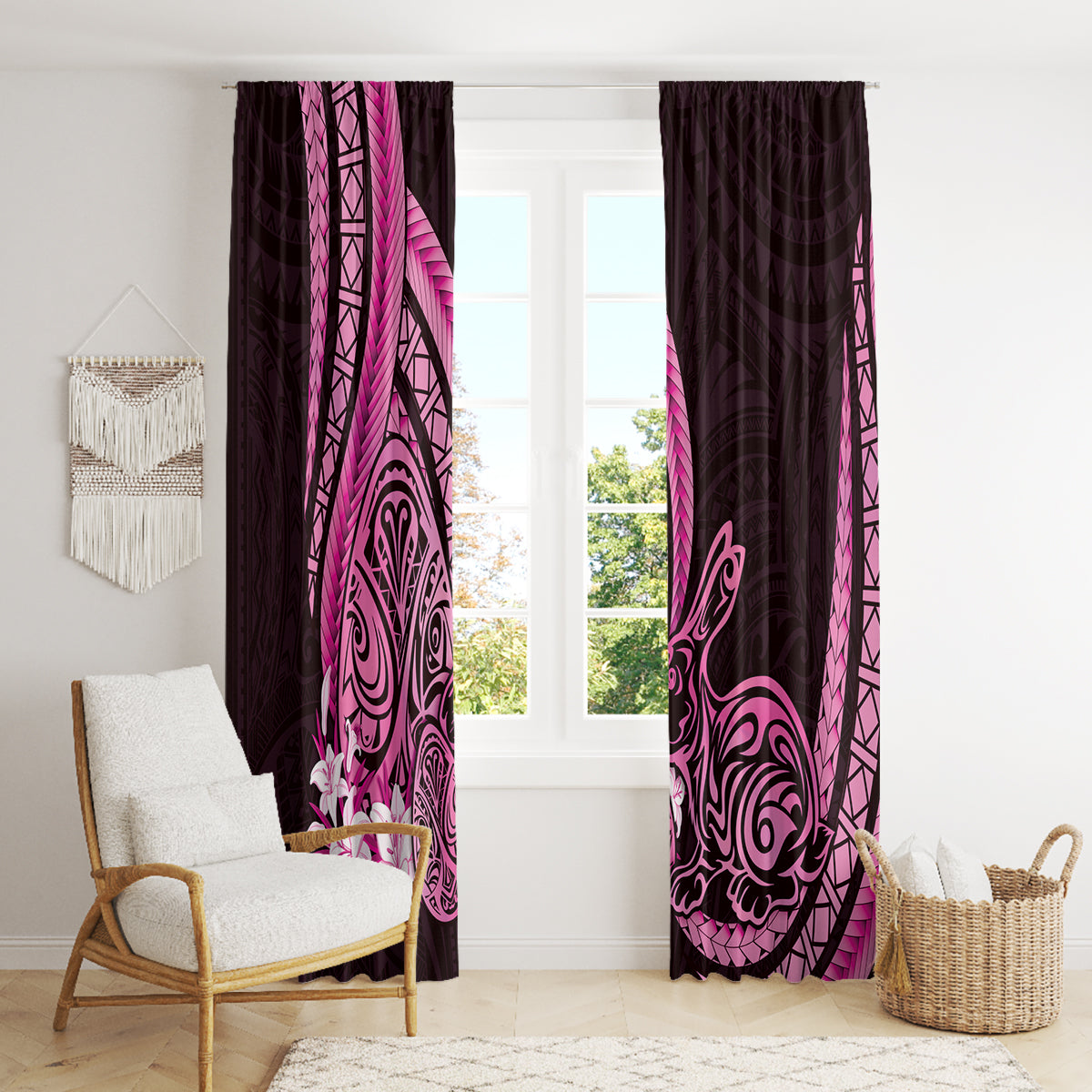 Pink Polynesia Easter Day Window Curtain Eggs With Bunny Polynesian Pattern LT14 - Polynesian Pride