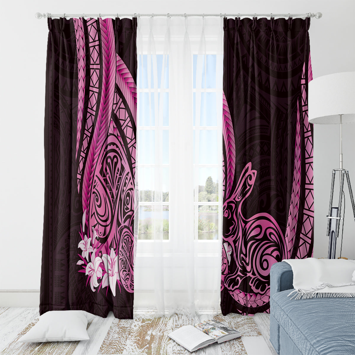 Pink Polynesia Easter Day Window Curtain Eggs With Bunny Polynesian Pattern LT14 - Polynesian Pride