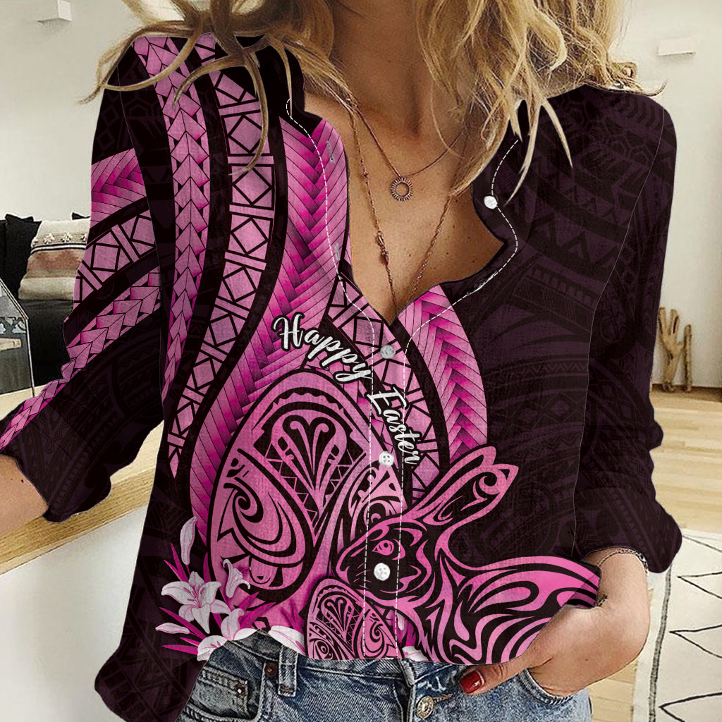 Pink Polynesia Easter Day Women Casual Shirt Eggs With Bunny Polynesian Pattern