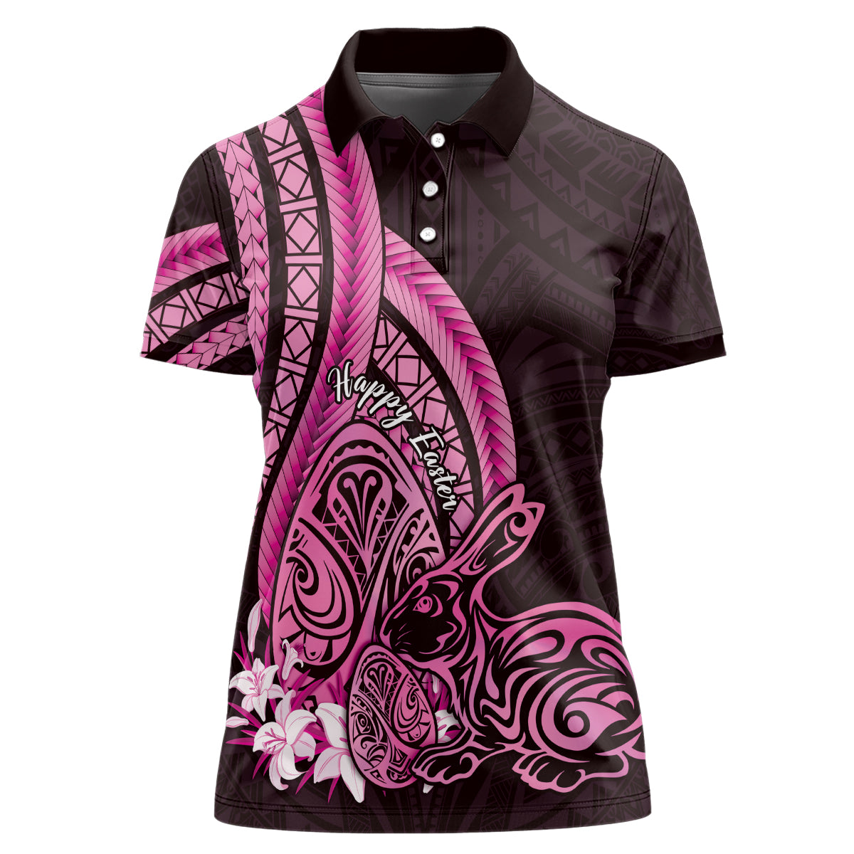 Pink Polynesia Easter Day Women Polo Shirt Eggs With Bunny Polynesian Pattern