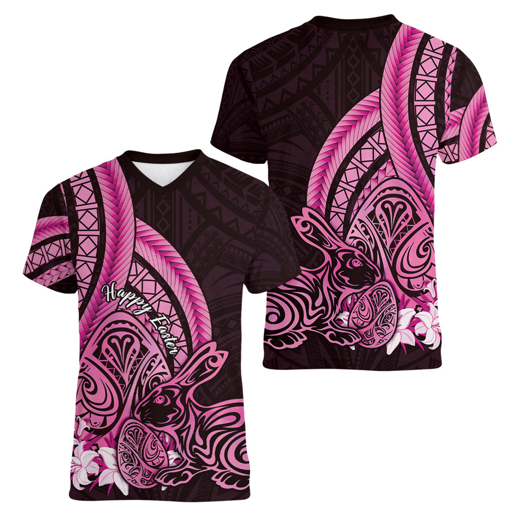 Pink Polynesia Easter Day Women V Neck T Shirt Eggs With Bunny Polynesian Pattern