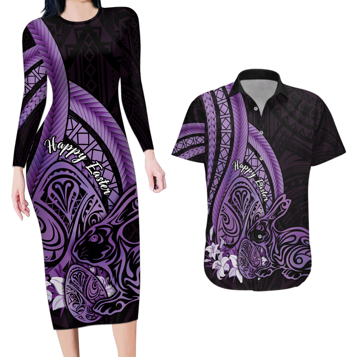 Purple Polynesia Easter Day Couples Matching Long Sleeve Bodycon Dress and Hawaiian Shirt Eggs With Bunny Polynesian Pattern LT14 Purple - Polynesian Pride